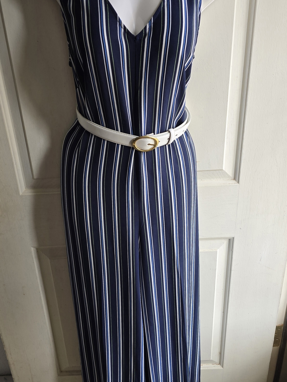 Max Studio Wide Leg V-neck Navy & White Vertical Stripe Jumpsuit